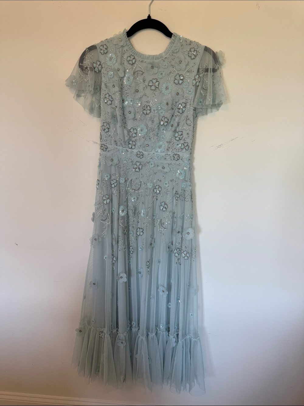 Mac Duggal 9212 Size 4 Light Pastel Blue Floral Beaded ALine Midi Tea Dress Gown